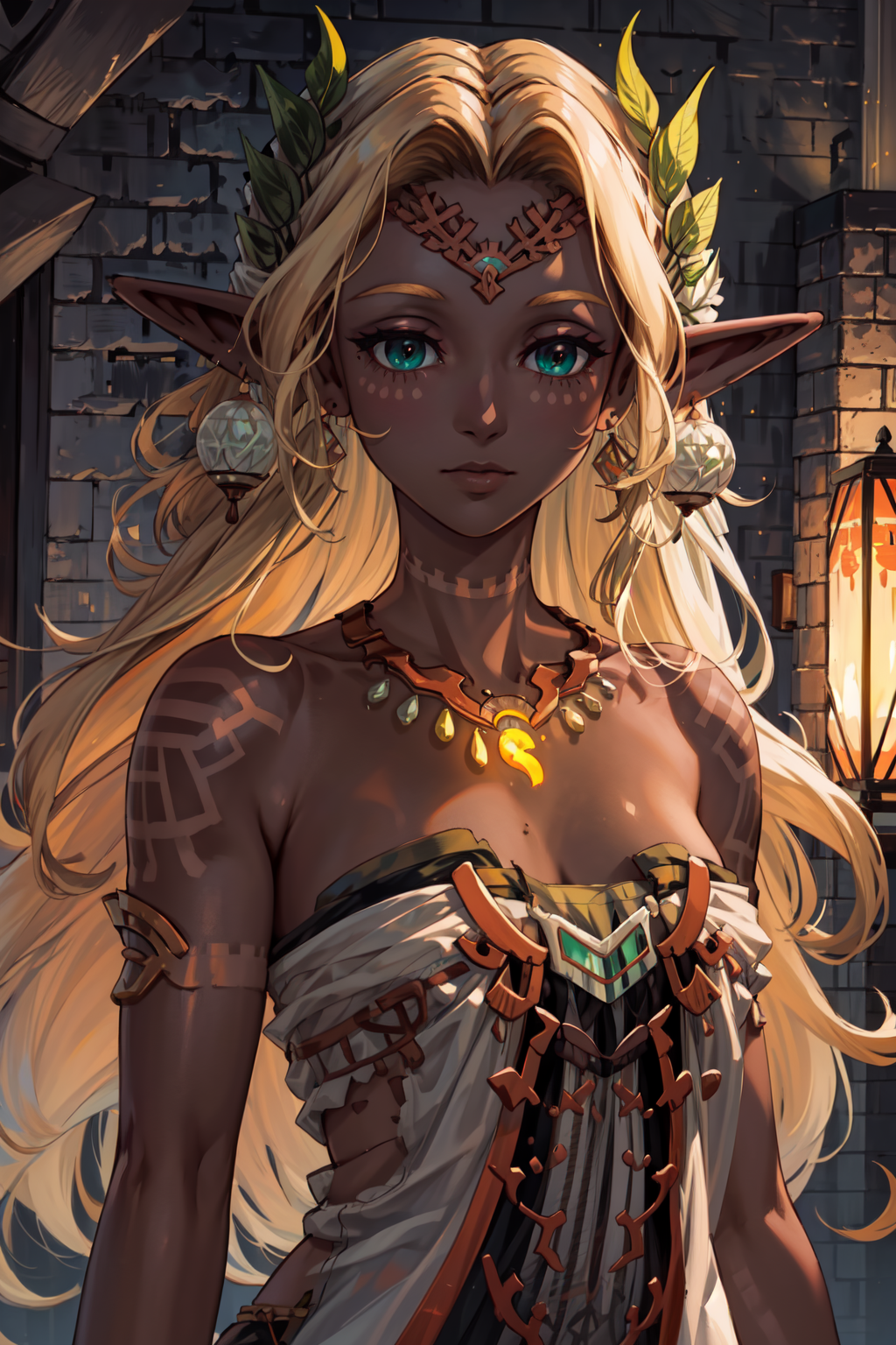 00537-215972327-masterpiece,best quality,1girl,SoniaTotk,pointy ears,blond hair,tattoo,earrings,necklace,green eyes,dark skin,bare shoulders,dre.png